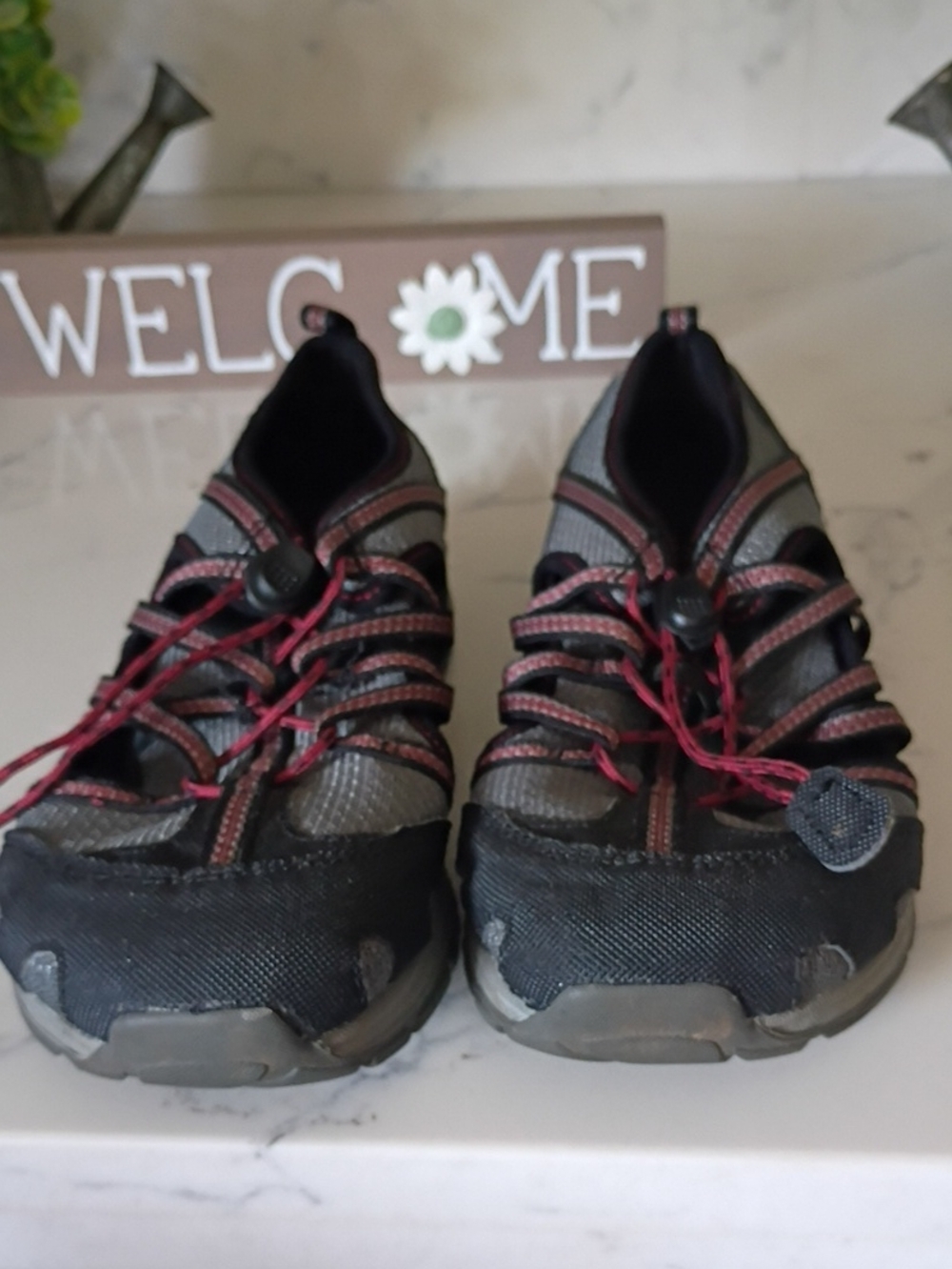 Chaco Kids Gray and Black Water Shoes with Red Laces
